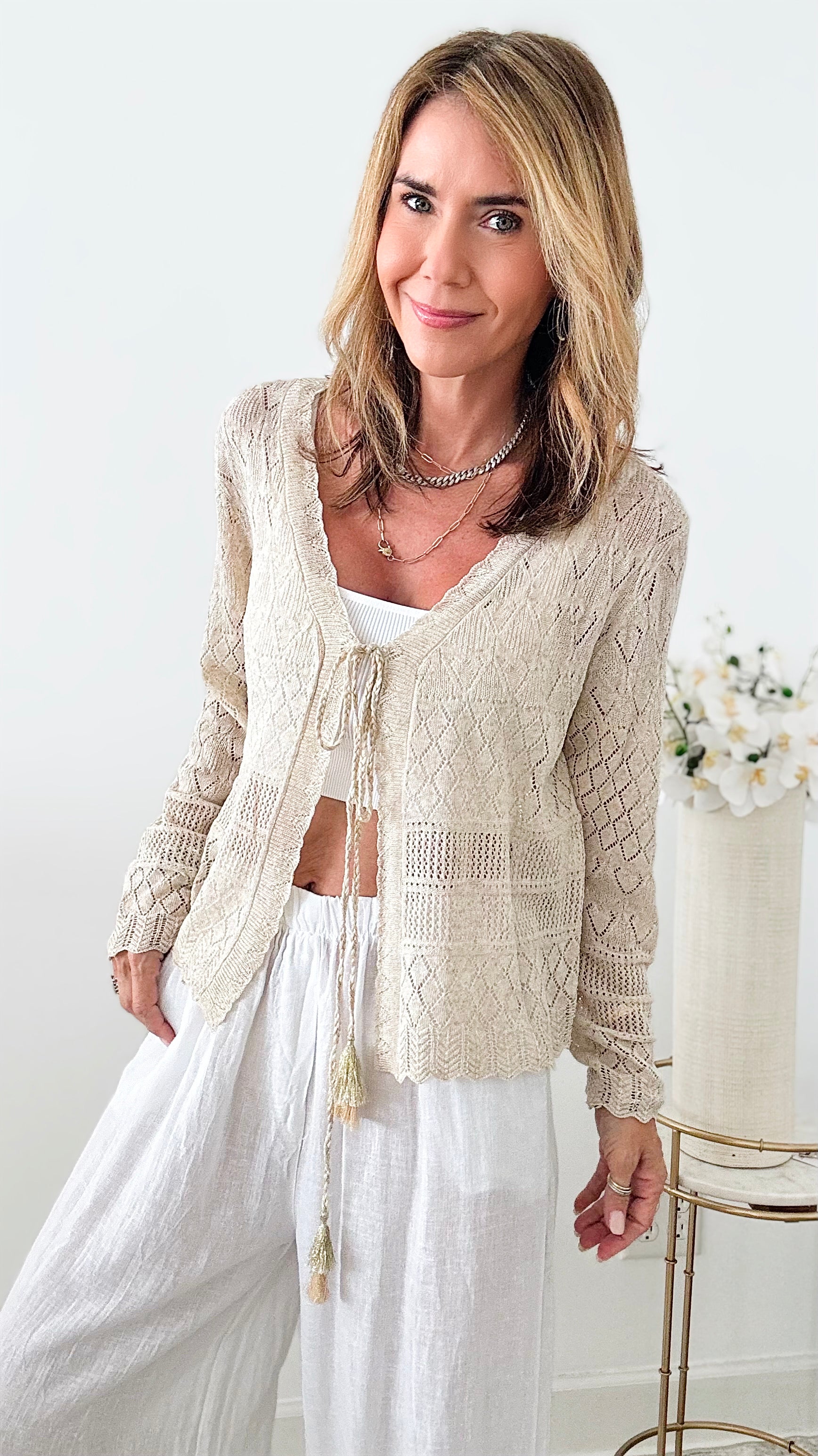 Diamond Pointelle Knit Front Tie Cardigan - Beige-150 Cardigan Layers-original usa-Coastal Bloom Boutique, find the trendiest versions of the popular styles and looks Located in Indialantic, FL
