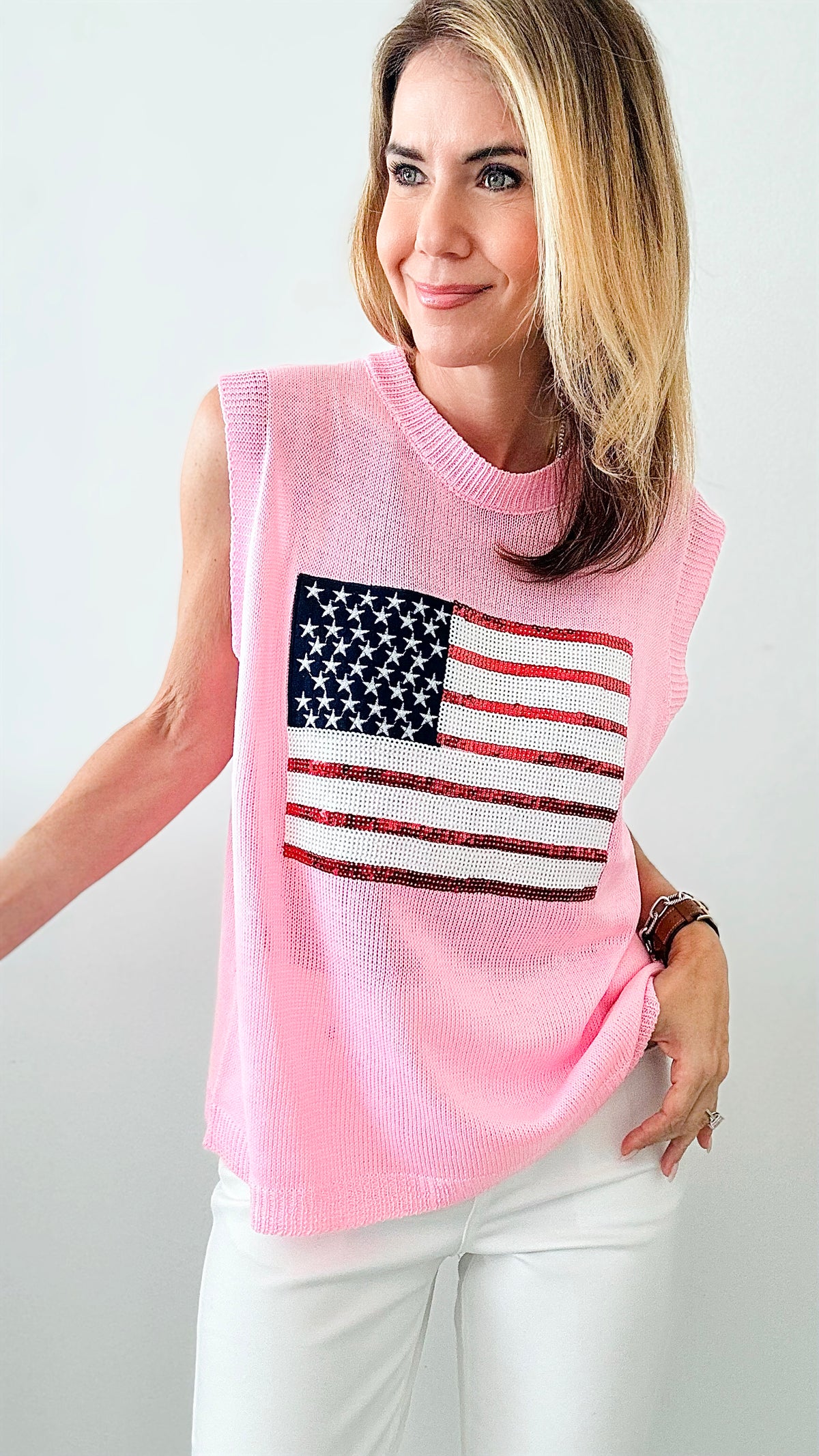 Sleeveless Sequined Flag Knit Vest Top - Pink-100 Sleeveless Tops-BIBI-Coastal Bloom Boutique, find the trendiest versions of the popular styles and looks Located in Indialantic, FL
