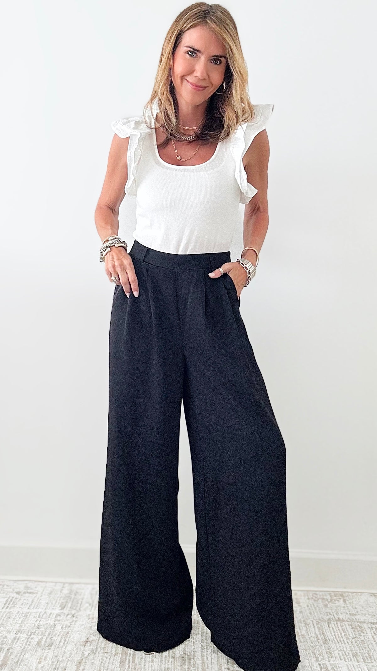 Pleated Solid Pants - Black-170 Bottoms-EESOME-Coastal Bloom Boutique, find the trendiest versions of the popular styles and looks Located in Indialantic, FL