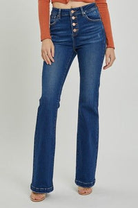 Boot Cut High Rise Button Down Jeans - Dark Blue-170 Bottoms-RISEN JEANS-Coastal Bloom Boutique, find the trendiest versions of the popular styles and looks Located in Indialantic, FL