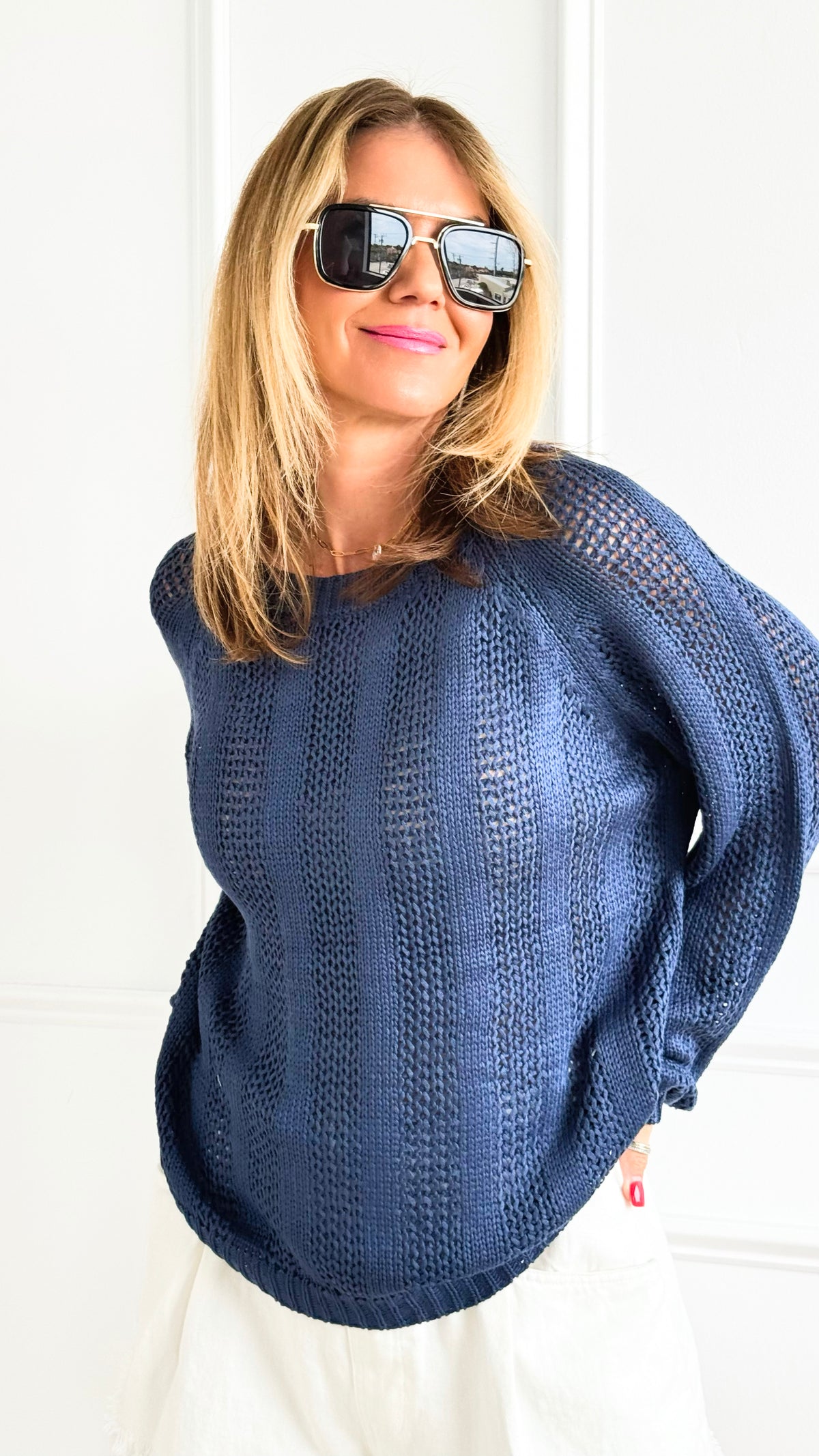 Striped Cable Knit Sweater - Grey Blue-140 Sweaters-Miracle-Coastal Bloom Boutique, find the trendiest versions of the popular styles and looks Located in Indialantic, FL