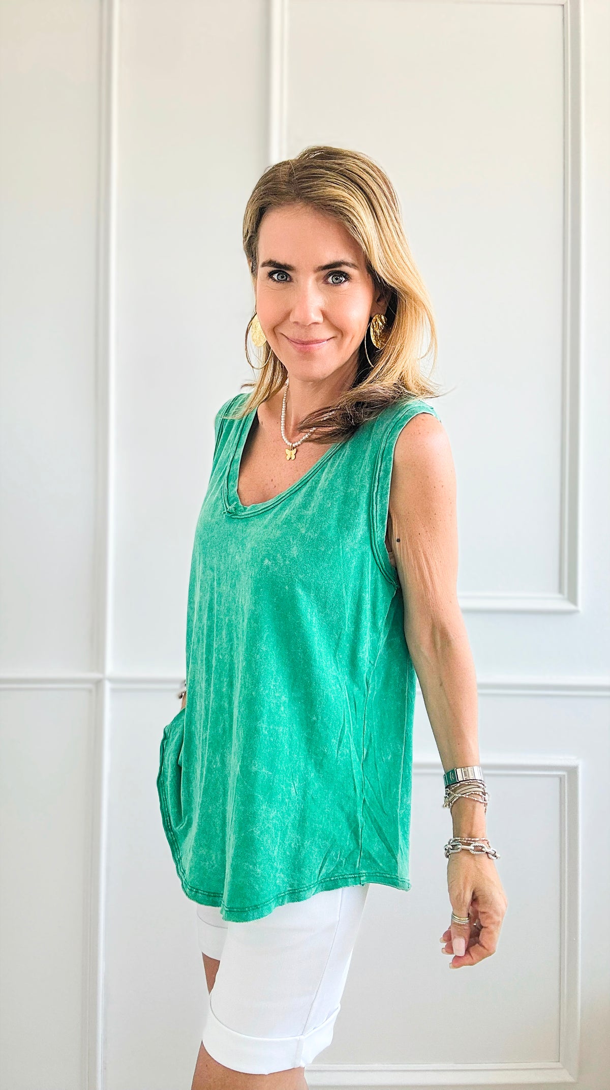 Washed V-Neck Sleeveless Top - Green-100 Sleeveless Tops-Zenana-Coastal Bloom Boutique, find the trendiest versions of the popular styles and looks Located in Indialantic, FL