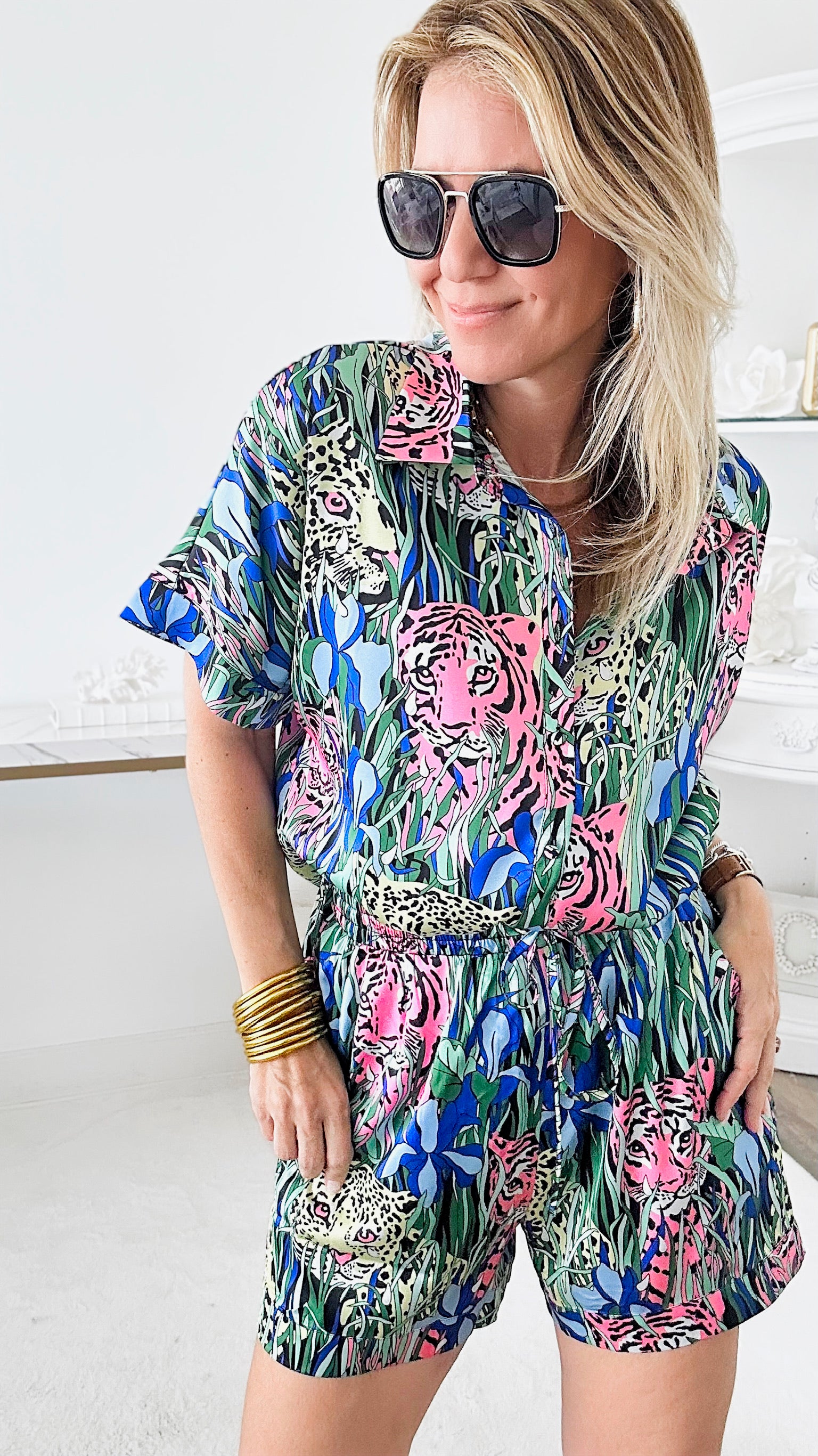 Jungle Satin Short Sleeves Set-210 Loungewear/sets-JODIFL-Coastal Bloom Boutique, find the trendiest versions of the popular styles and looks Located in Indialantic, FL