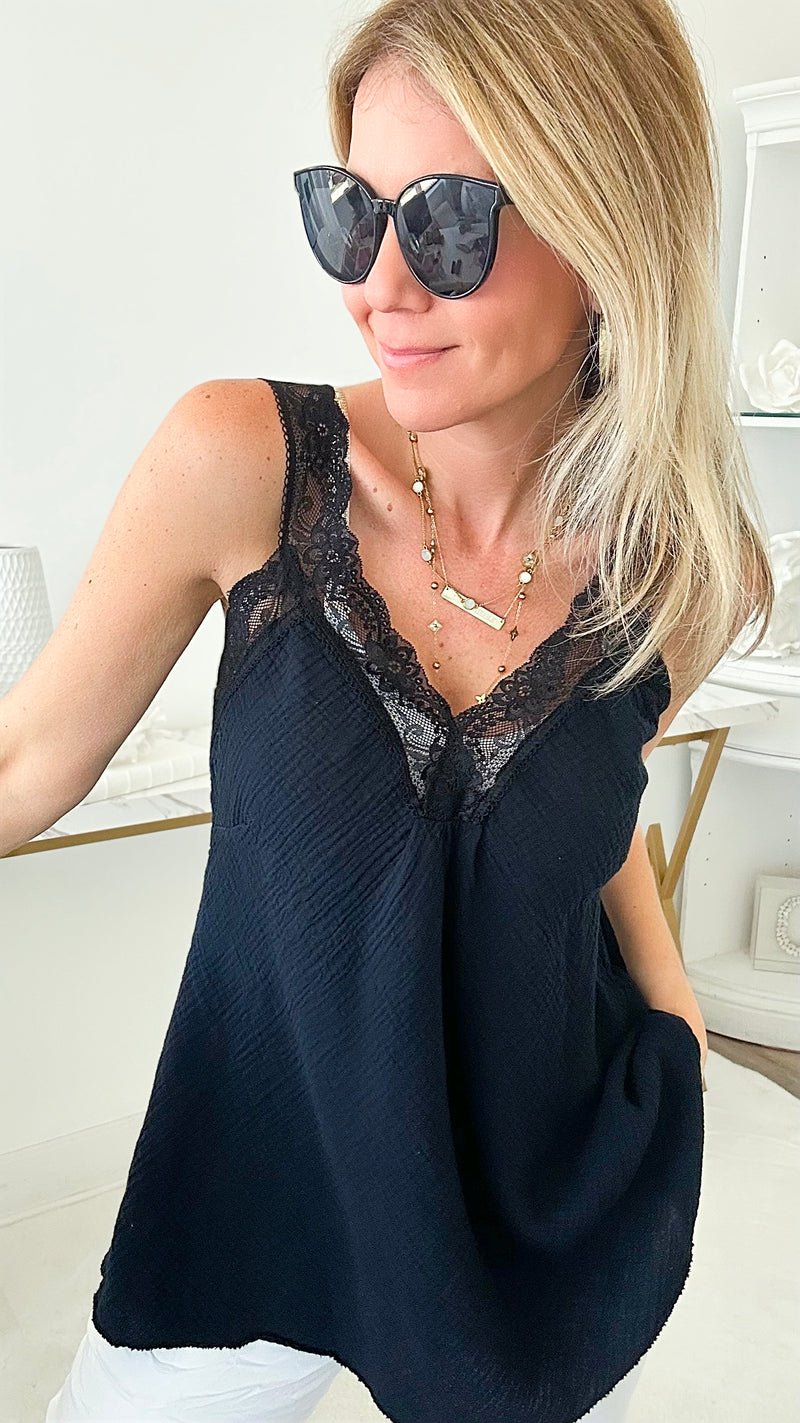 Elegant Lace & Crinkle Italian Top - Black-100 Sleeveless Tops-Italianissimo-Coastal Bloom Boutique, find the trendiest versions of the popular styles and looks Located in Indialantic, FL