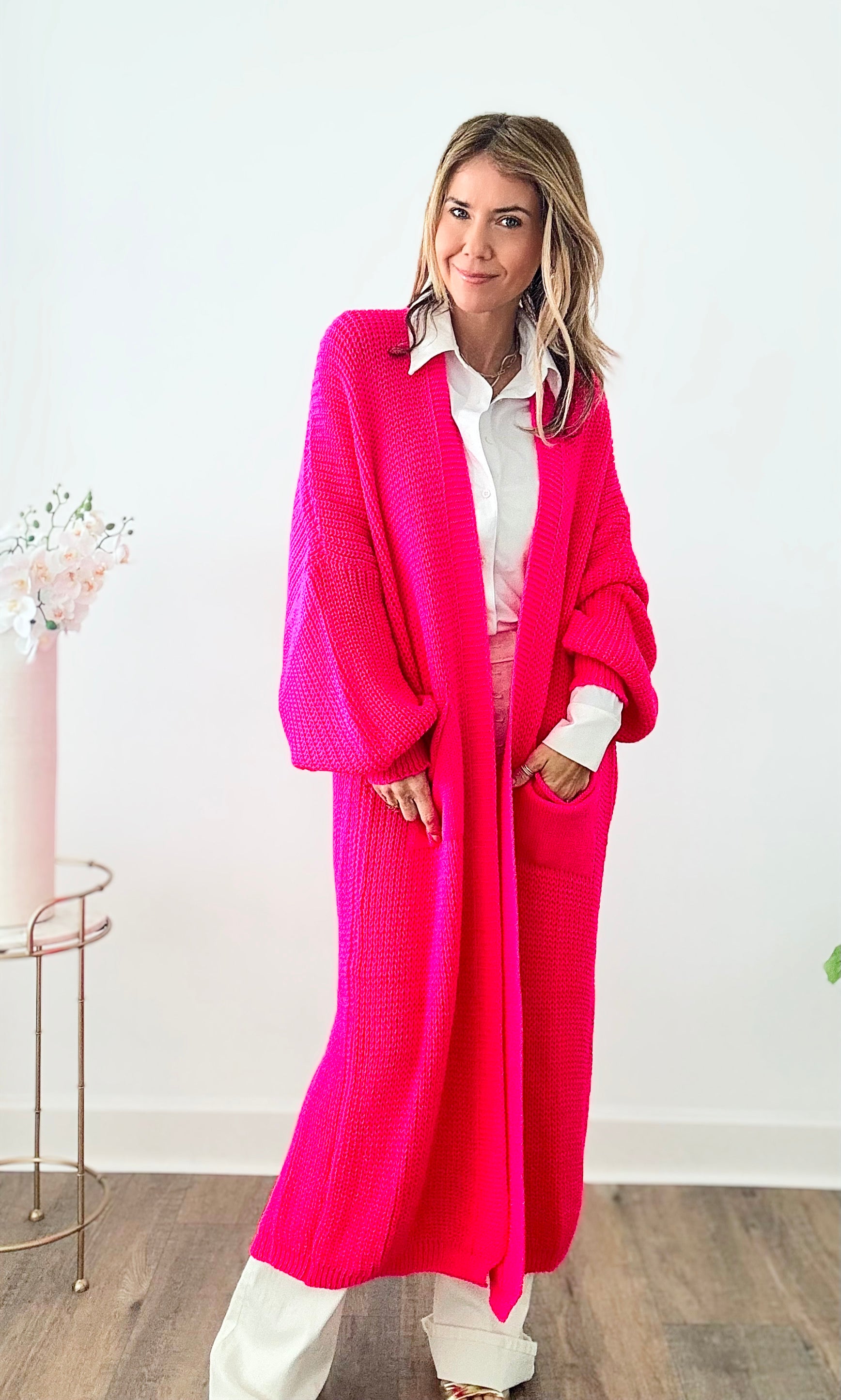 Sugar High Long Italian Cardigan - Hot Pink-150 Cardigans/Layers-Yolly-Coastal Bloom Boutique, find the trendiest versions of the popular styles and looks Located in Indialantic, FL