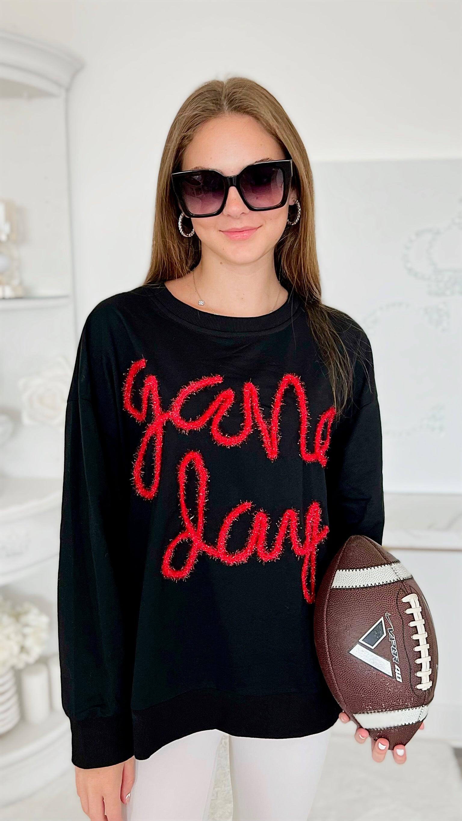 Metallic Game Day Sweatshirt - Black/Red-130 Long Sleeve Tops-BIBI-Coastal Bloom Boutique, find the trendiest versions of the popular styles and looks Located in Indialantic, FL