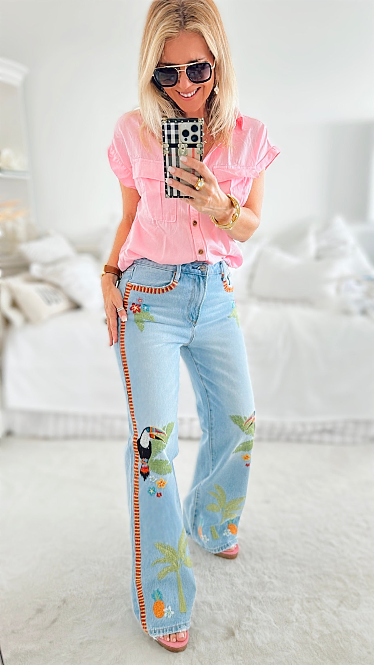 Tropical Toucan Embroidered Jeans – Coastal Bloom