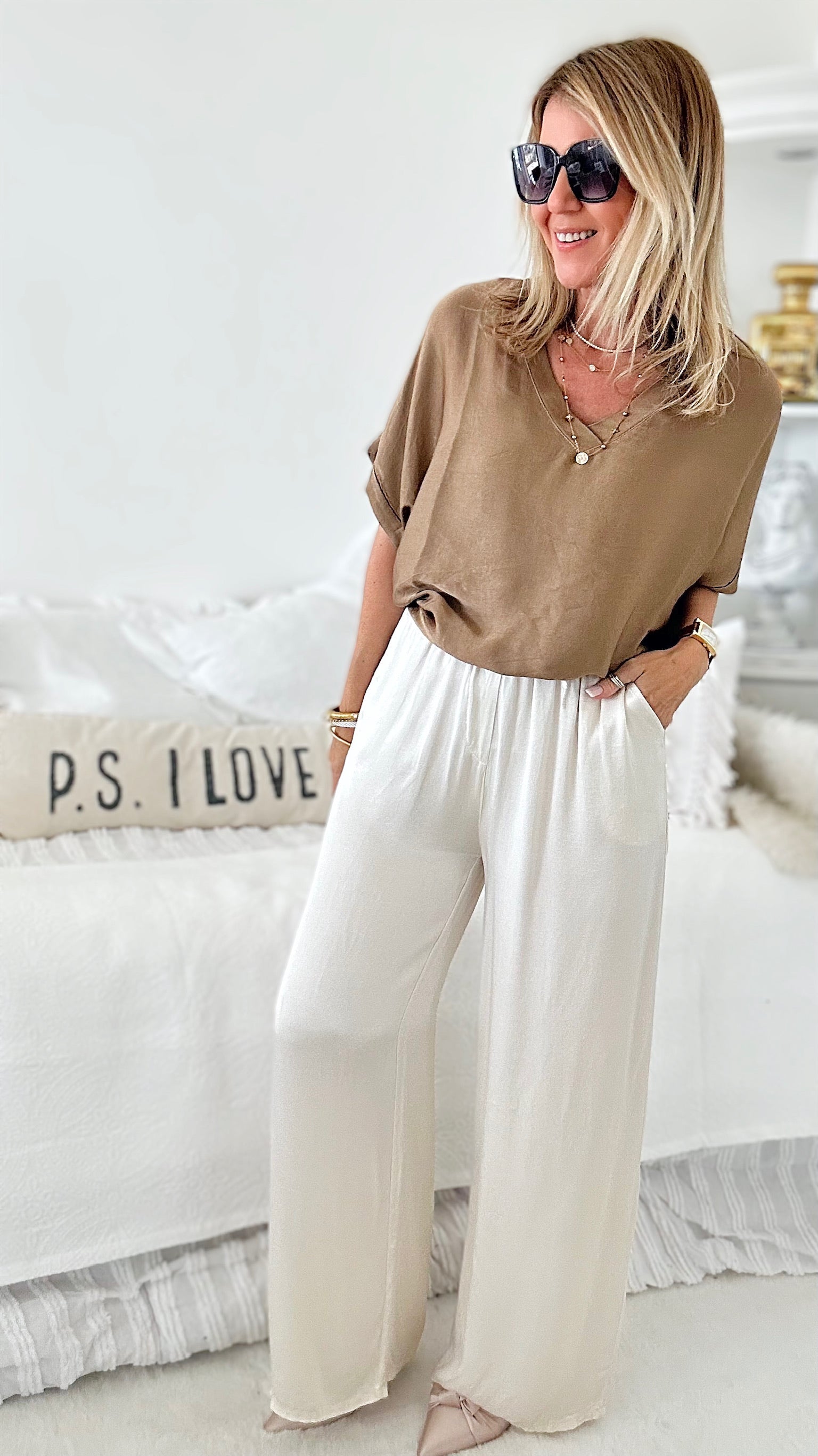 Angora Italian Satin Pant - Ecru-170 Bottoms-Italianissimo-Coastal Bloom Boutique, find the trendiest versions of the popular styles and looks Located in Indialantic, FL