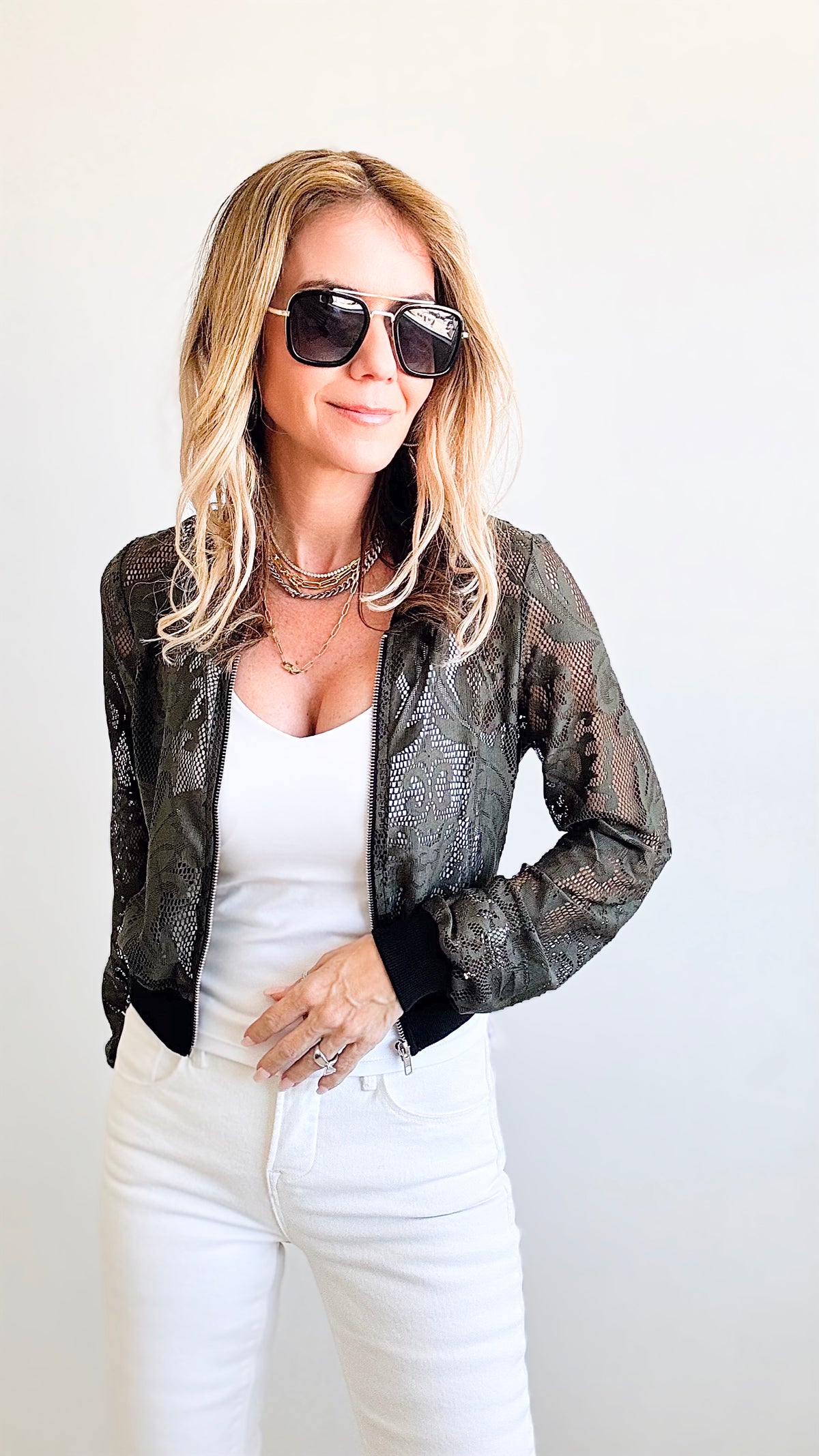 Lace Bomber Jacket-Olive-160 Jackets-Michel-Coastal Bloom Boutique, find the trendiest versions of the popular styles and looks Located in Indialantic, FL