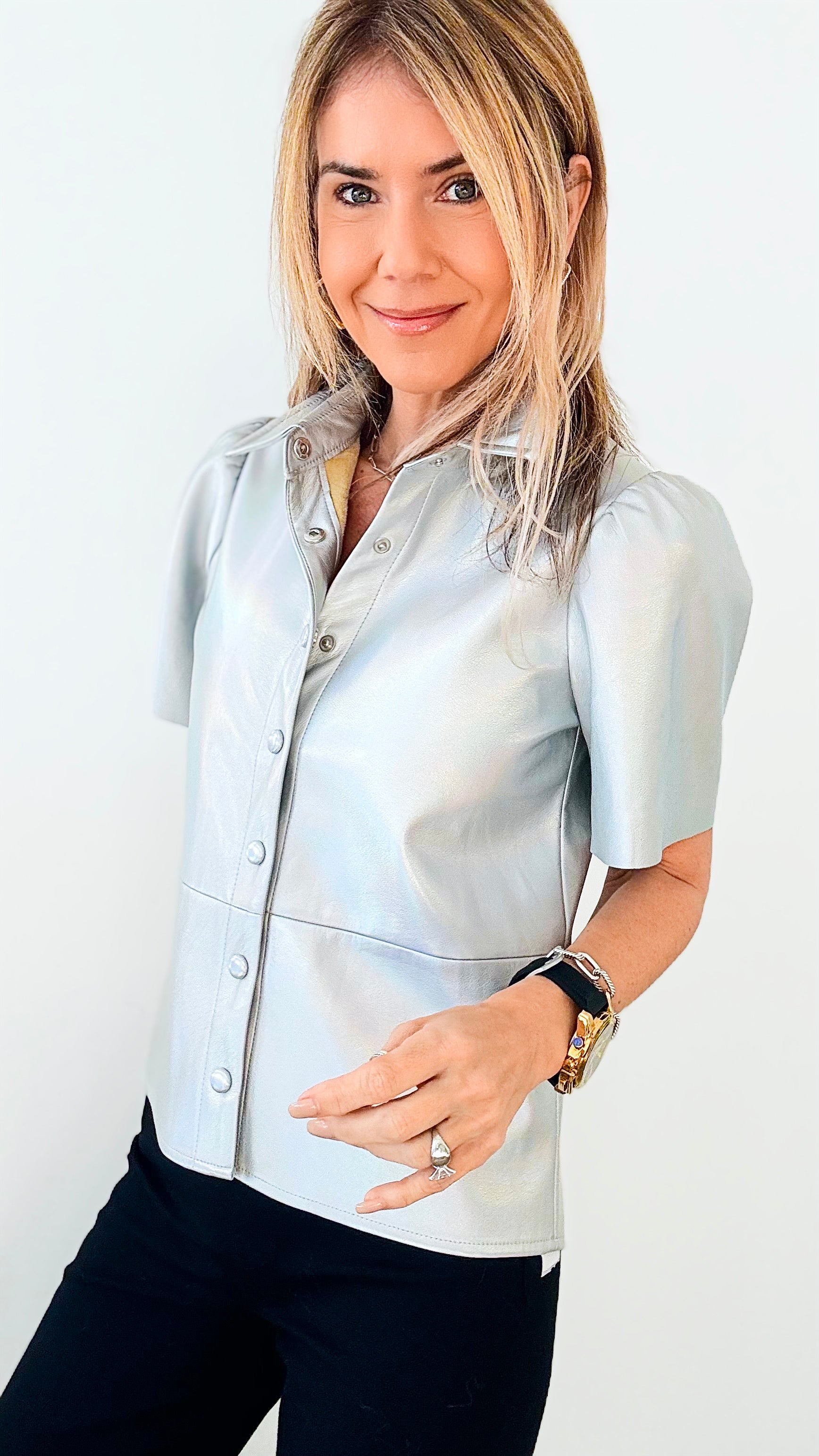 Vegan Leather Metallic Button Down Top - Silver-110 Short Sleeve Tops-Dolce Cabo-Coastal Bloom Boutique, find the trendiest versions of the popular styles and looks Located in Indialantic, FL