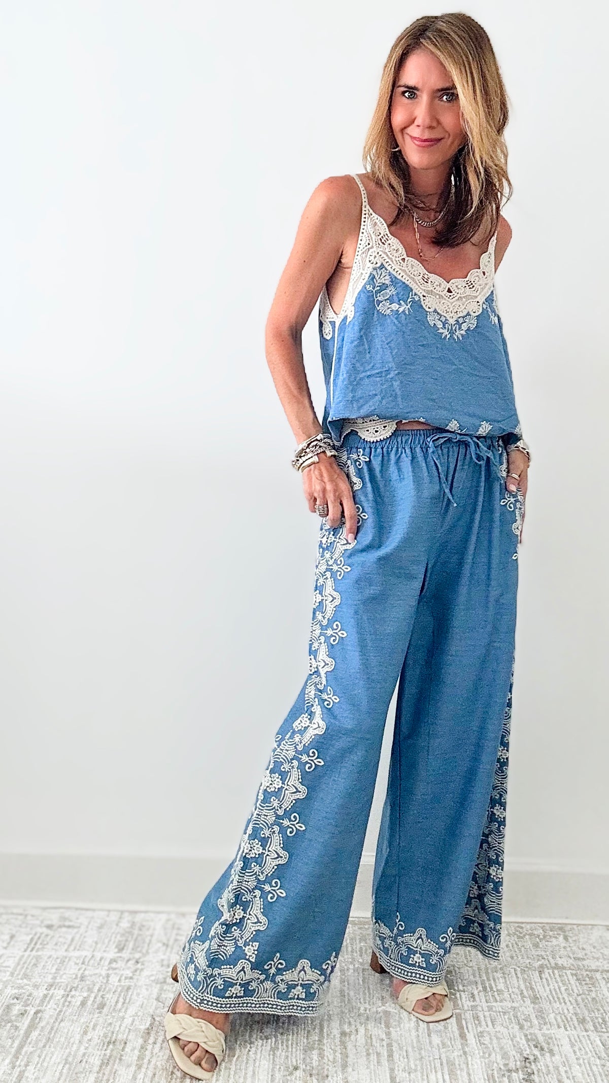 Embroidered Lace Italian Pant-pants-Germany-Coastal Bloom Boutique, find the trendiest versions of the popular styles and looks Located in Indialantic, FL