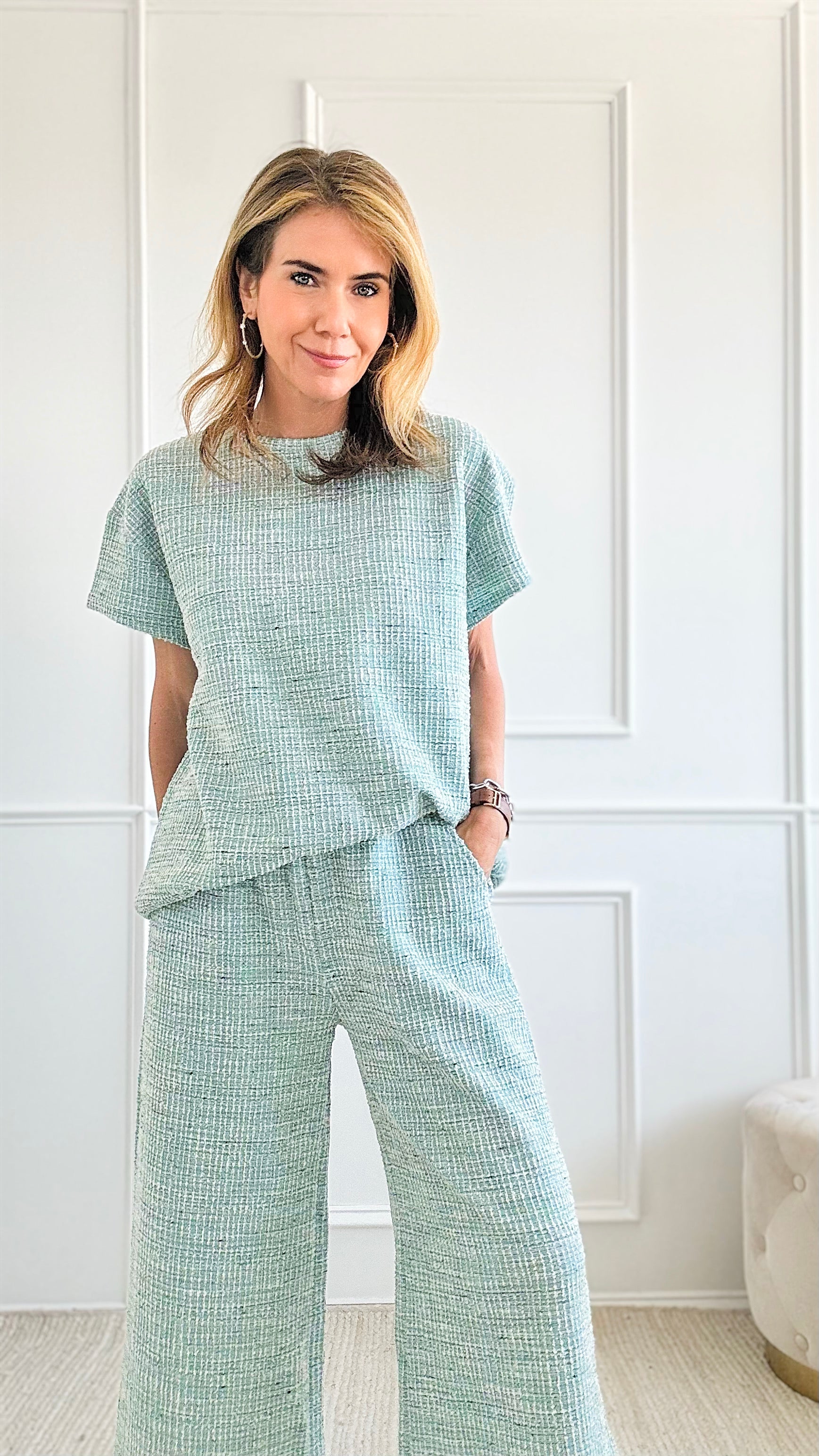 Boucle Textured Wide Cropped Set - Mint-210 Loungewear/Sets-See and Be Seen-Coastal Bloom Boutique, find the trendiest versions of the popular styles and looks Located in Indialantic, FL