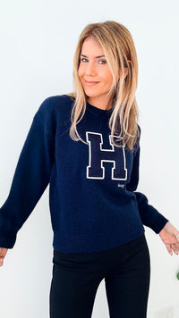 H Letter Jacquard Knitted Sweater-140 Sweaters-CBALY-Coastal Bloom Boutique, find the trendiest versions of the popular styles and looks Located in Indialantic, FL