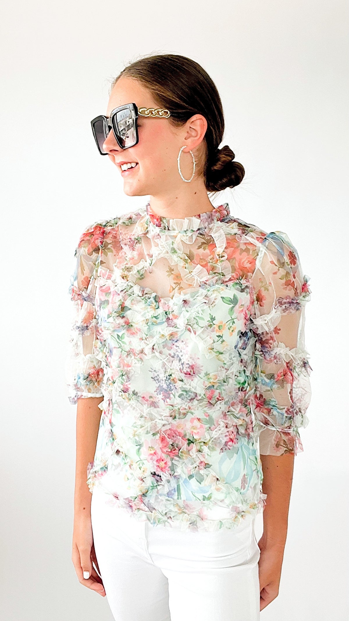 Cupids Lace Double Layered Floral Top-130 Long Sleeve Tops-pastel design-Coastal Bloom Boutique, find the trendiest versions of the popular styles and looks Located in Indialantic, FL