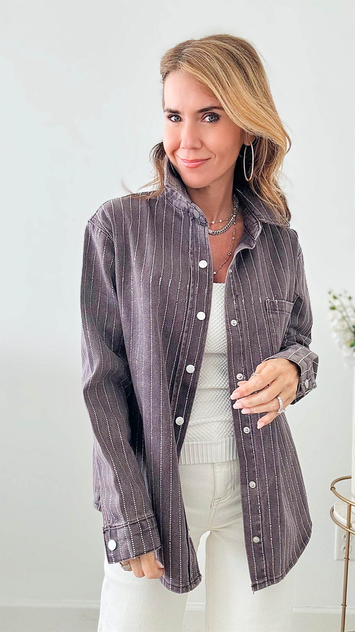 Embellished Rhinestone Striped Jacket - Charcoal-160 Jackets-Rousseau-Coastal Bloom Boutique, find the trendiest versions of the popular styles and looks Located in Indialantic, FL