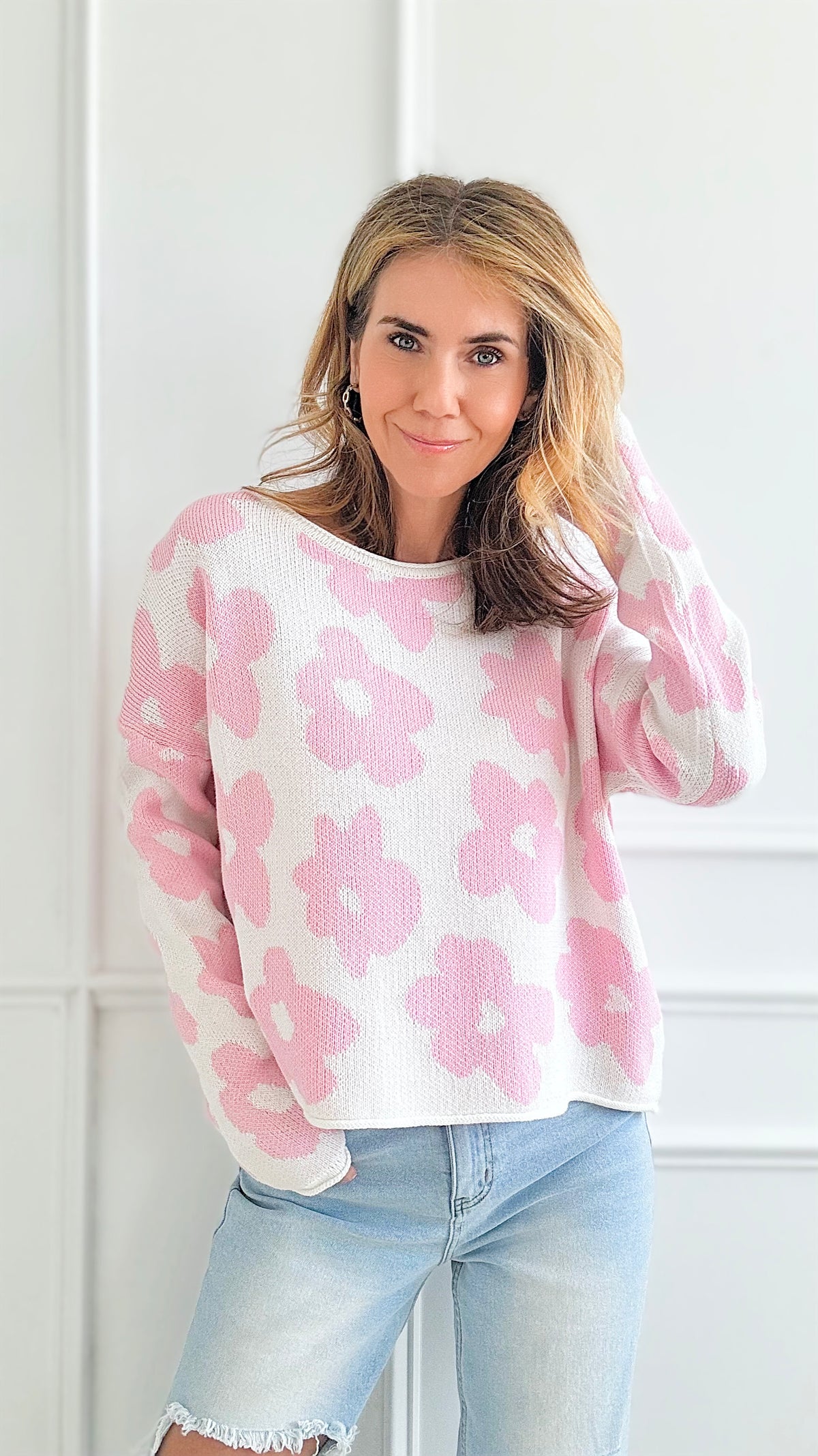 Flower Pop Knit Top- Ivory/Pink-140 Sweaters-Miracle-Coastal Bloom Boutique, find the trendiest versions of the popular styles and looks Located in Indialantic, FL