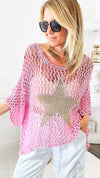 Metallic Star Italian Chain Sweater - Pink/Gold-140 Sweaters-Germany-Coastal Bloom Boutique, find the trendiest versions of the popular styles and looks Located in Indialantic, FL