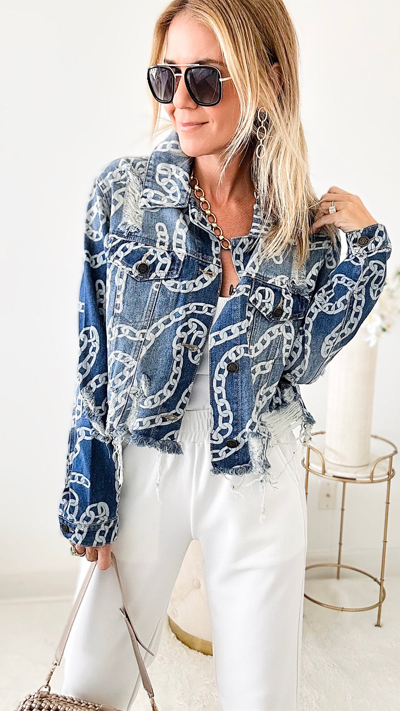 Genie Chains Denim Jacket-160 Jackets-Boom Boom Jeans-Coastal Bloom Boutique, find the trendiest versions of the popular styles and looks Located in Indialantic, FL