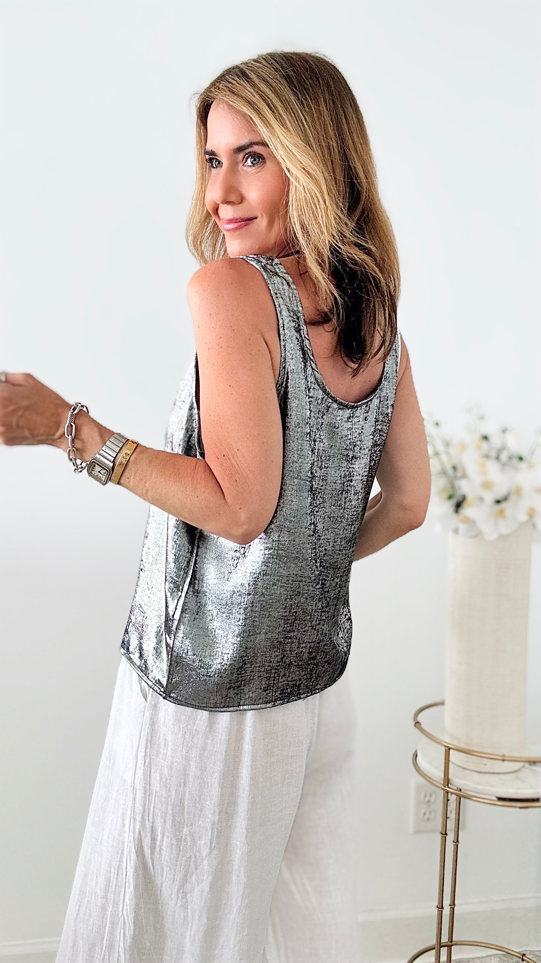 Sleeveless Metallic Tank Top - Black-100 Sleeveless Tops-original usa-Coastal Bloom Boutique, find the trendiest versions of the popular styles and looks Located in Indialantic, FL