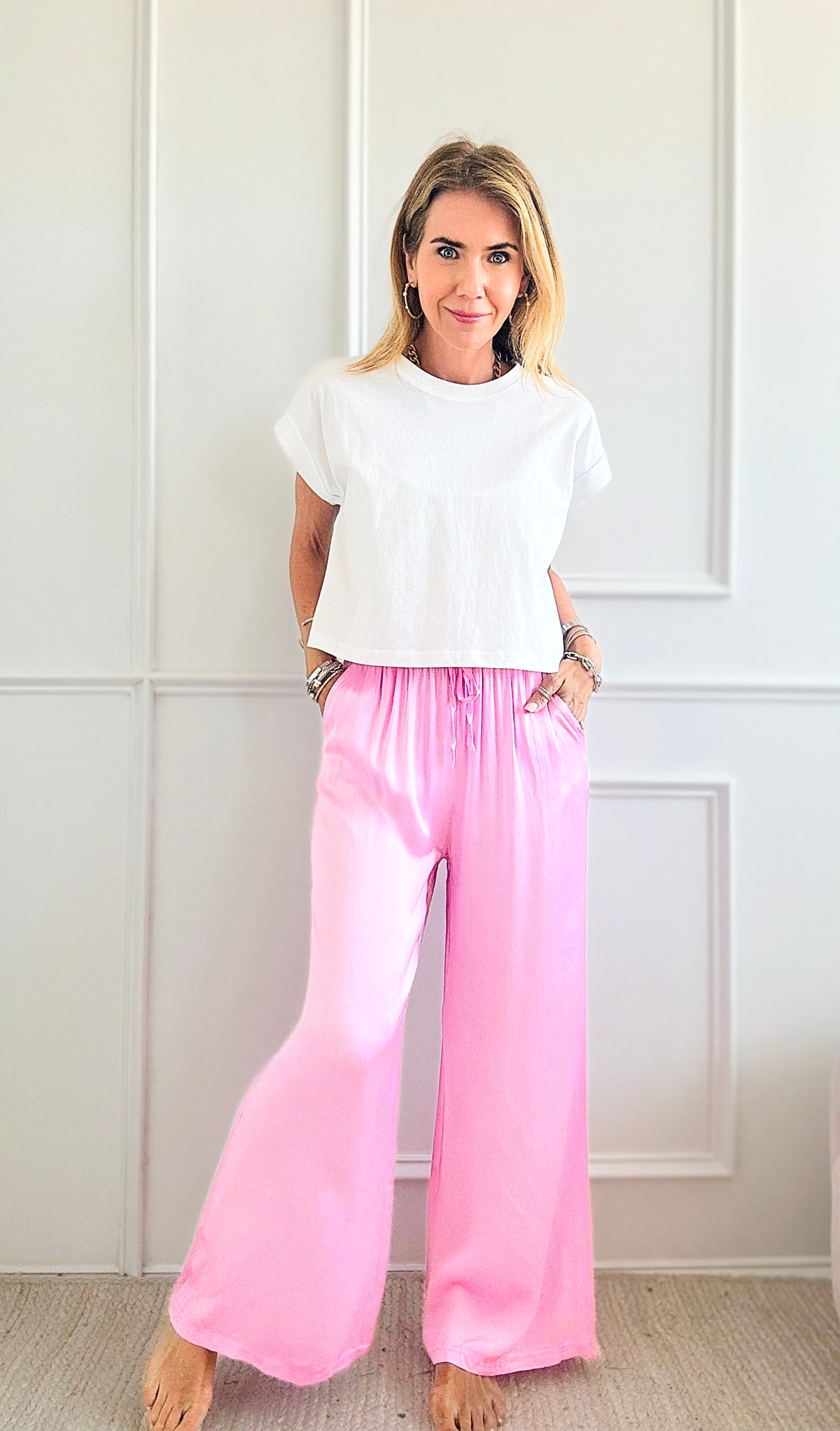 Angora Italian Satin Pant - Bubble Pink-170 Bottoms-Italianissimo-Coastal Bloom Boutique, find the trendiest versions of the popular styles and looks Located in Indialantic, FL