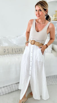 Belted Italian Linen Midi Button Skirt - White-170 Bottoms-Yolly-Coastal Bloom Boutique, find the trendiest versions of the popular styles and looks Located in Indialantic, FL