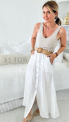 Belted Italian Linen Midi Button Skirt - White-170 Bottoms-Yolly-Coastal Bloom Boutique, find the trendiest versions of the popular styles and looks Located in Indialantic, FL