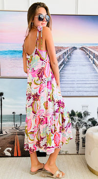 Tropical Printed Summer Midi Dress - Pink-200 Dresses/Jumpsuits/Rompers-Very J-Coastal Bloom Boutique, find the trendiest versions of the popular styles and looks Located in Indialantic, FL