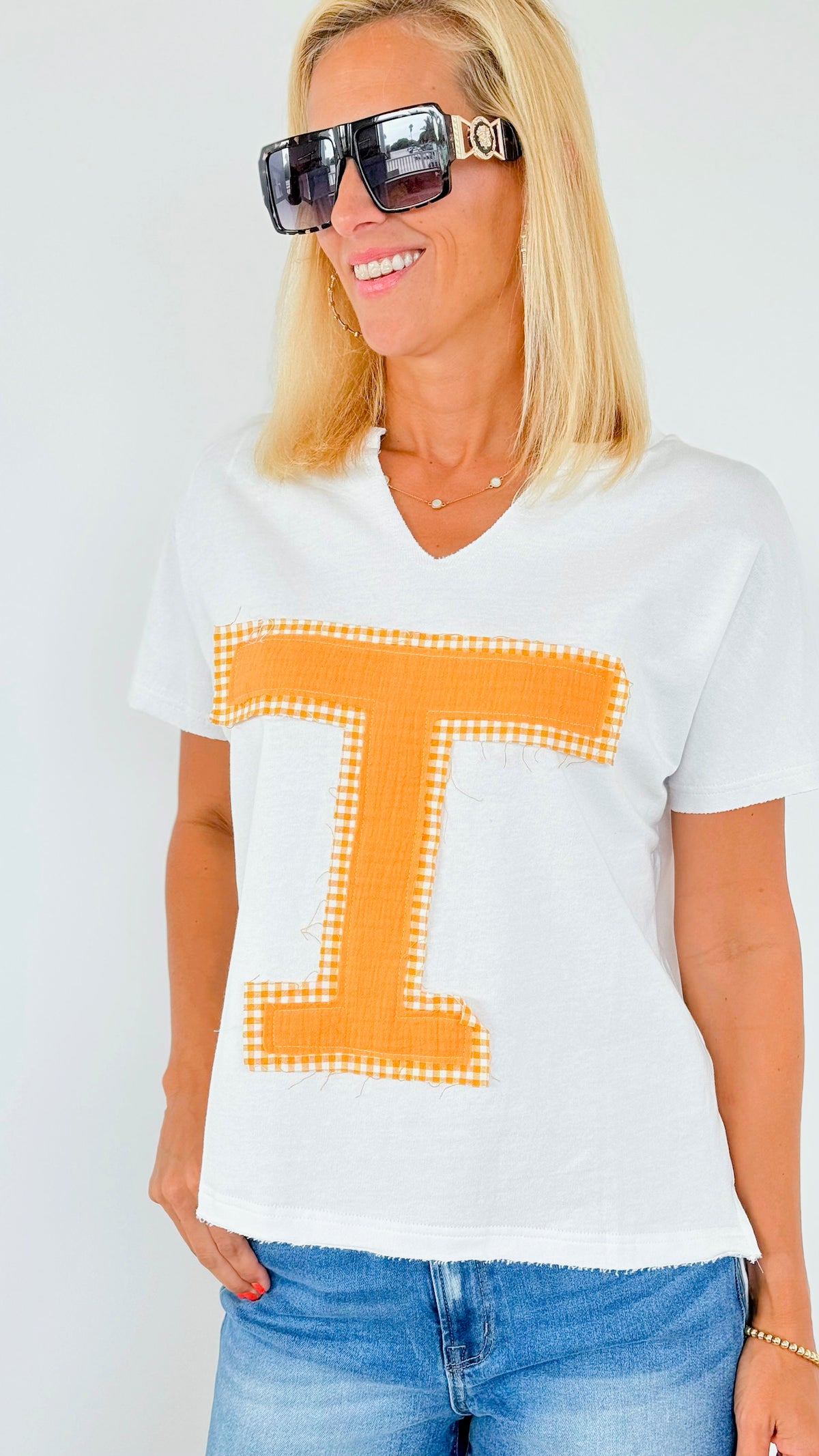 Vols Patchwork Top - White-110 Short Sleeve Tops-Anniewear-Coastal Bloom Boutique, find the trendiest versions of the popular styles and looks Located in Indialantic, FL