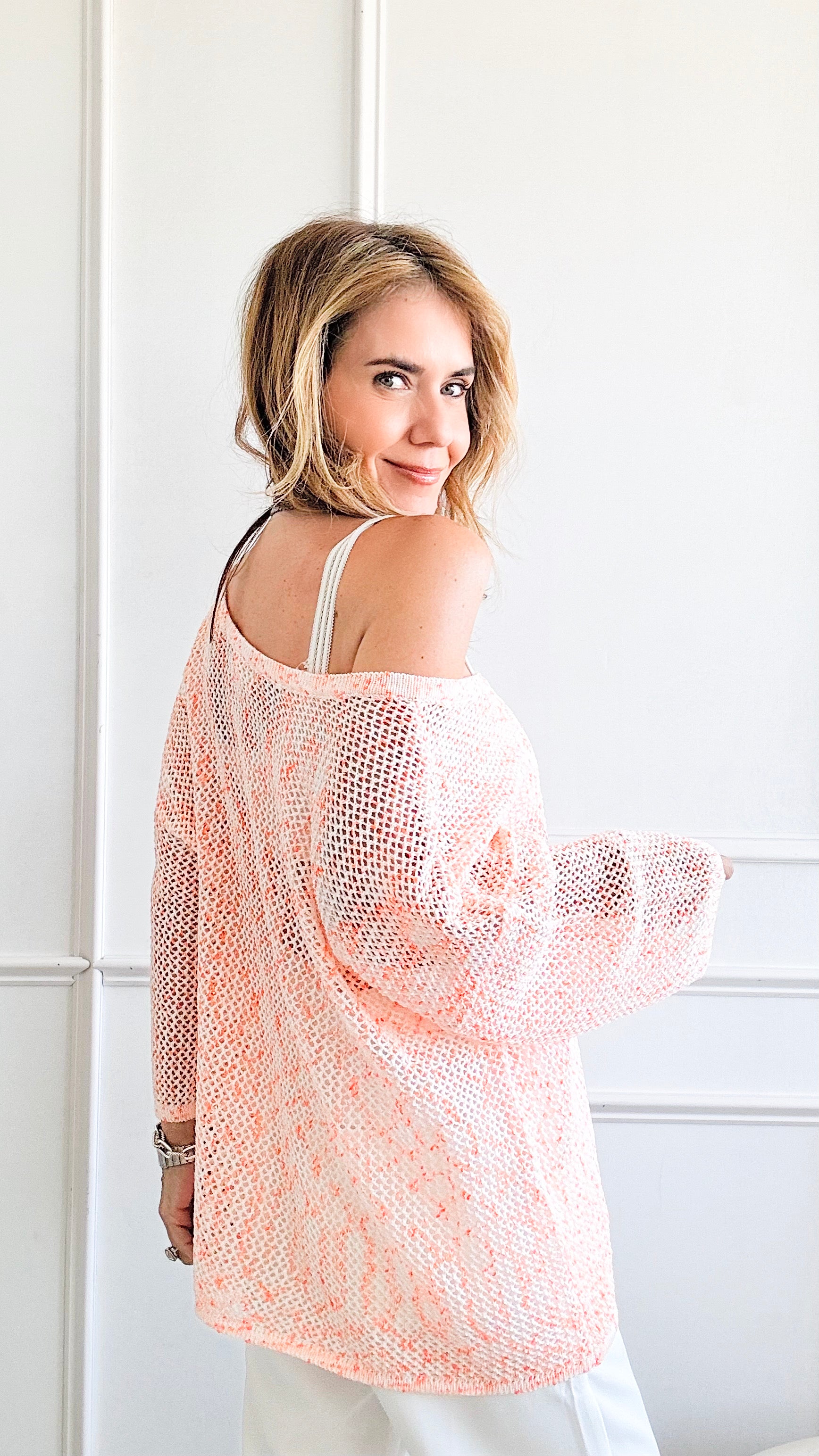 Two Toned Crochet Knit -Orange - White-140 Sweaters-Miracle-Coastal Bloom Boutique, find the trendiest versions of the popular styles and looks Located in Indialantic, FL