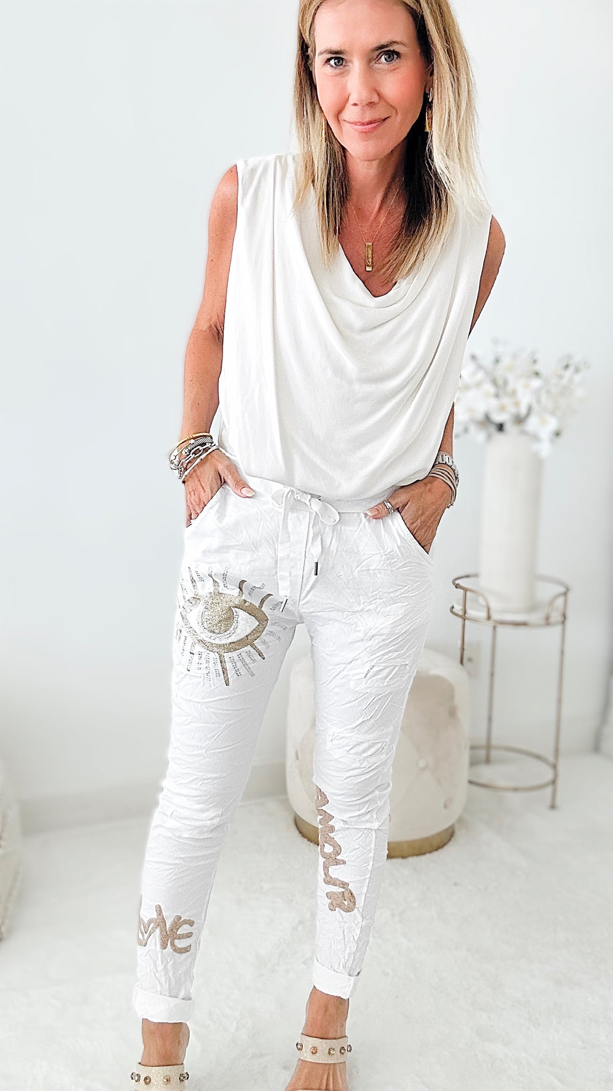 Amour Eye Italian Jogger Pant - White-180 Joggers-Look Mode-Coastal Bloom Boutique, find the trendiest versions of the popular styles and looks Located in Indialantic, FL
