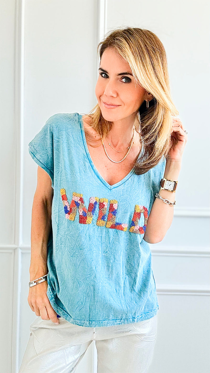 Wild Beaded Tee - Blue-110 Short Sleeve Tops-Gold & Silver Paris-Coastal Bloom Boutique, find the trendiest versions of the popular styles and looks Located in Indialantic, FL