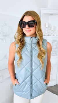 Vegan Leather Puffer Vest - Dusty Blue-160 Jackets-Zenana-Coastal Bloom Boutique, find the trendiest versions of the popular styles and looks Located in Indialantic, FL