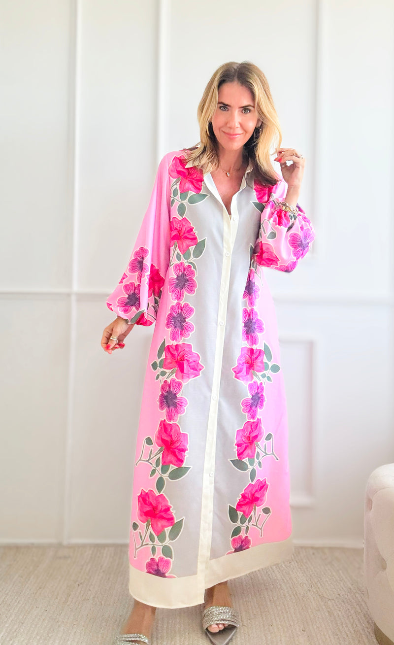 Button Down Floral Print Long Sleeve Dress-Pink-200 Dresses/Jumpsuits/Rompers-Sundayup-Coastal Bloom Boutique, find the trendiest versions of the popular styles and looks Located in Indialantic, FL