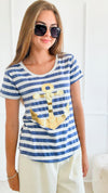 Anchor Away Italian T-Shirt - Slate Blue /Gold-t-shirt-Italianissimo-Coastal Bloom Boutique, find the trendiest versions of the popular styles and looks Located in Indialantic, FL