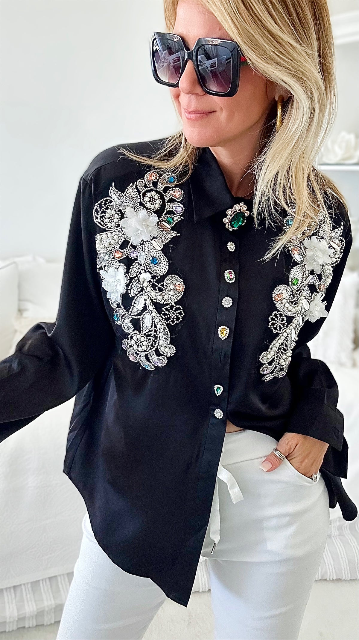 Hello Bling Statement Blouse-130 Long sleeve top-LA' ROS-Coastal Bloom Boutique, find the trendiest versions of the popular styles and looks Located in Indialantic, FL