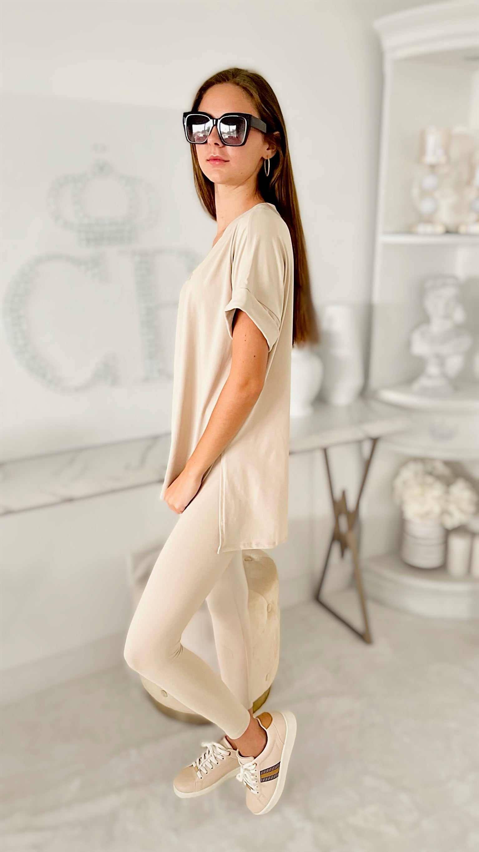 Short Sleeve Brushed Microfiber Lounge Set- Sand Beige-210 Loungewear/Sets-Zenana-Coastal Bloom Boutique, find the trendiest versions of the popular styles and looks Located in Indialantic, FL