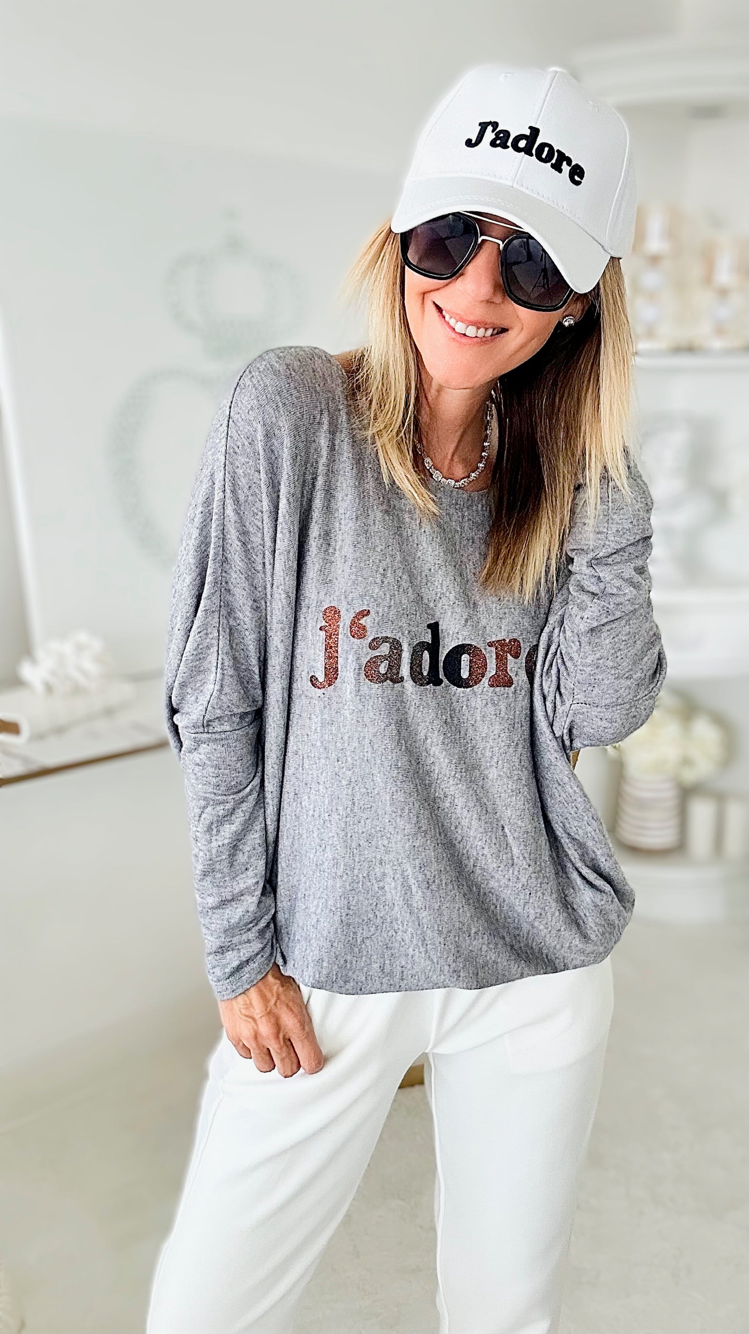 Italian J'adore Long Sleeve Pullover - Grey-130 Long Sleeve Tops-Yolly-Coastal Bloom Boutique, find the trendiest versions of the popular styles and looks Located in Indialantic, FL