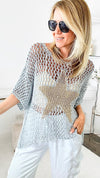 Metallic Star Italian Chain Sweater - Silver-140 Sweaters-Germany-Coastal Bloom Boutique, find the trendiest versions of the popular styles and looks Located in Indialantic, FL