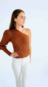 One Shoulder Polka Dot Knit Top-140 Sweaters-entro-Coastal Bloom Boutique, find the trendiest versions of the popular styles and looks Located in Indialantic, FL