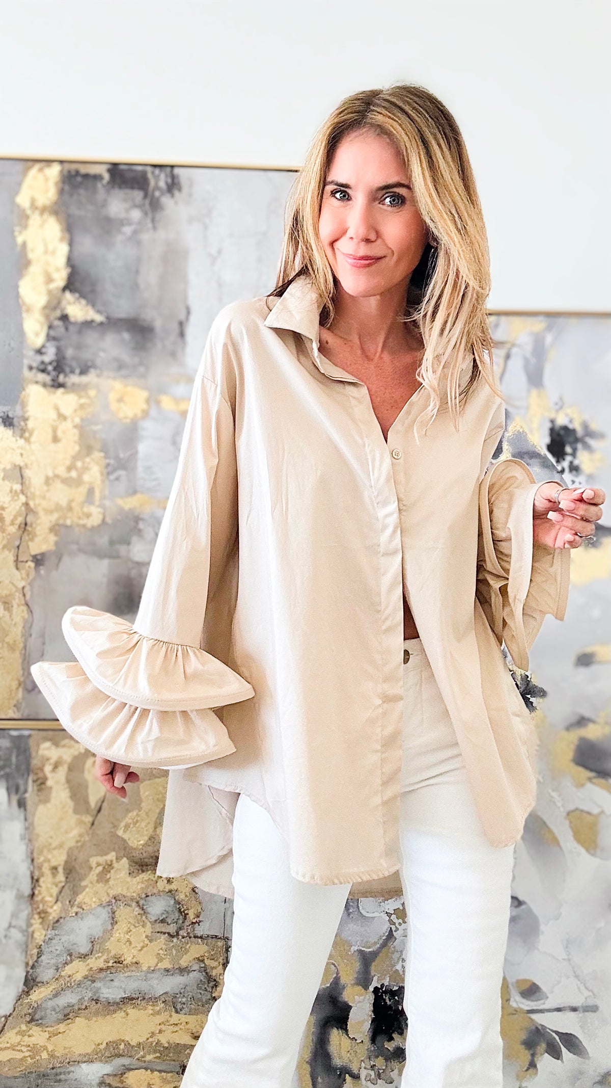 Ruffle Bell Sleeve Italian Blouse - Beige-130 Long sleeve top-Germany-Coastal Bloom Boutique, find the trendiest versions of the popular styles and looks Located in Indialantic, FL