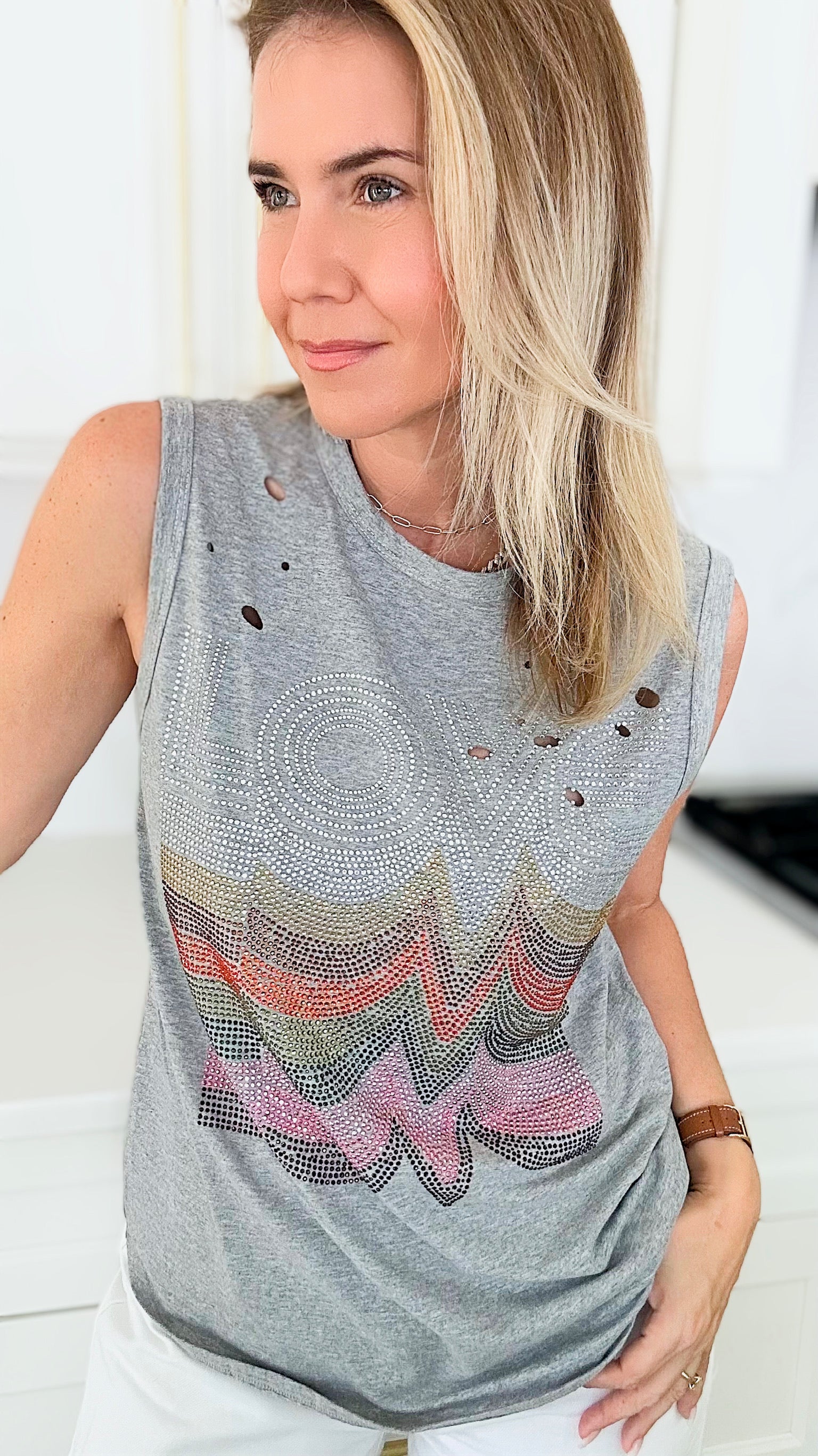 Love Distressed Tank - Gray-100 Sleeveless Tops-Moving Forward Designs-Coastal Bloom Boutique, find the trendiest versions of the popular styles and looks Located in Indialantic, FL
