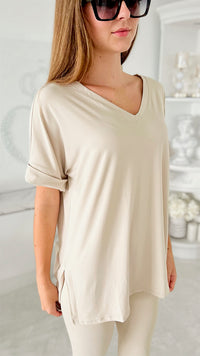 Short Sleeve Brushed Microfiber Lounge Set- Sand Beige-210 Loungewear/Sets-Zenana-Coastal Bloom Boutique, find the trendiest versions of the popular styles and looks Located in Indialantic, FL