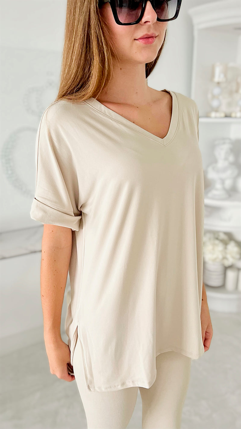 Short Sleeve Brushed Microfiber Lounge Set- Sand Beige-210 Loungewear/Sets-Zenana-Coastal Bloom Boutique, find the trendiest versions of the popular styles and looks Located in Indialantic, FL