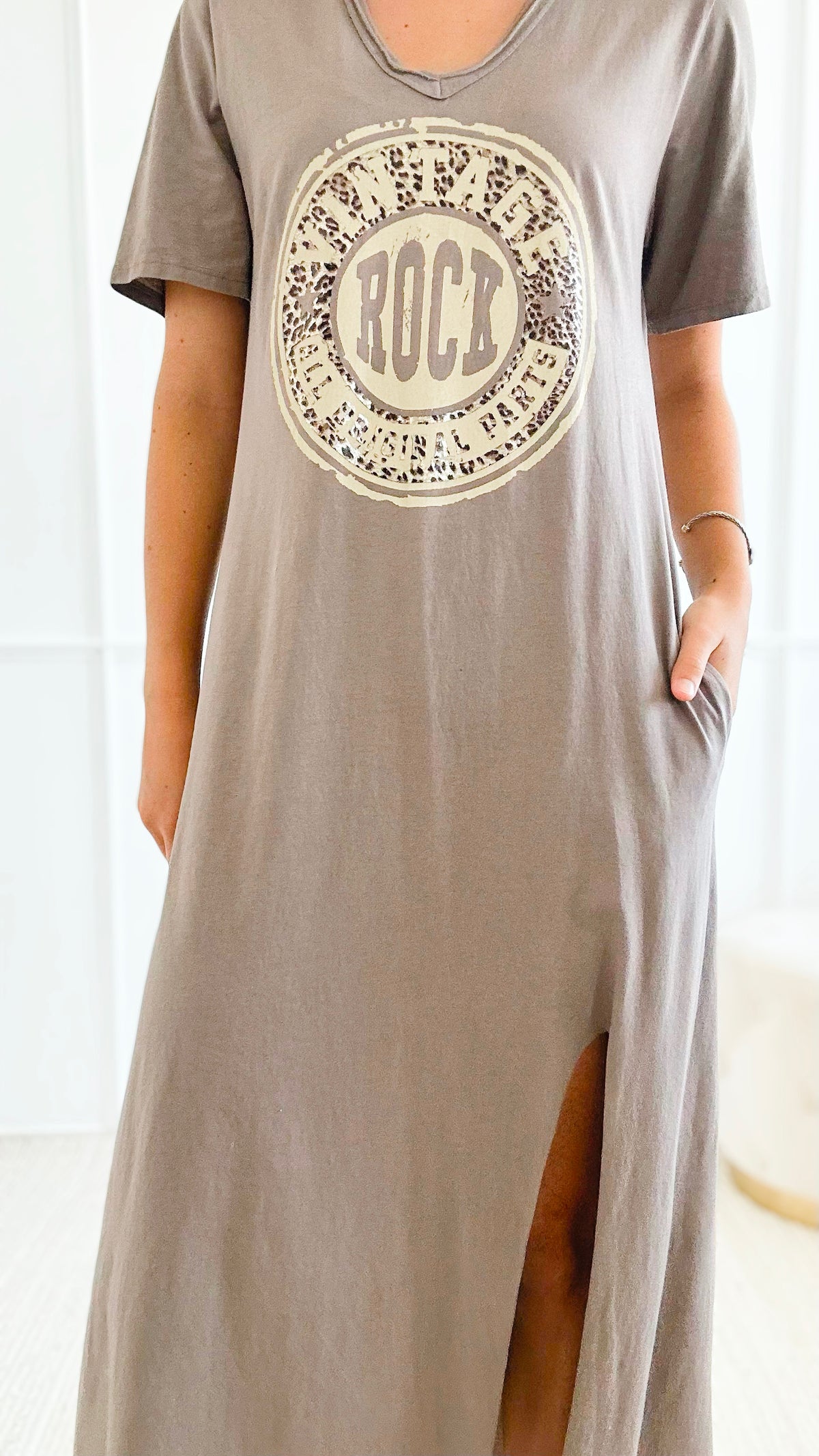 Vintage Rock T- Shirt Dress - Taupe-200 dresses/jumpsuits/rompers-Italianissimo-Coastal Bloom Boutique, find the trendiest versions of the popular styles and looks Located in Indialantic, FL