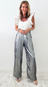 Metallic Wide Leg Pants - Metalic Grey /Black-170 Bottoms-original usa-Coastal Bloom Boutique, find the trendiest versions of the popular styles and looks Located in Indialantic, FL