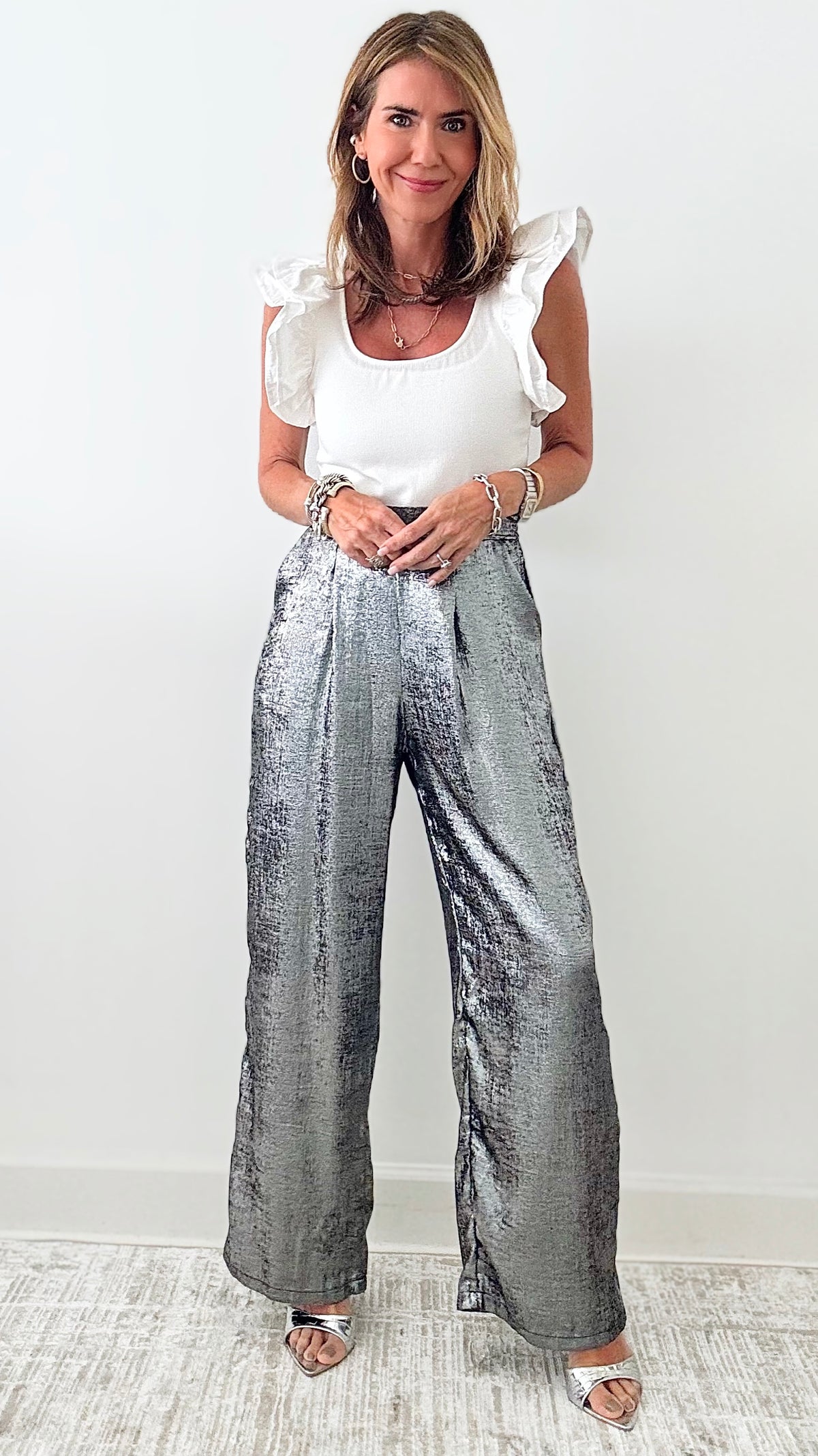 Metallic Wide Leg Pants - Metalic Greey /Black-170 Bottoms-original usa-Coastal Bloom Boutique, find the trendiest versions of the popular styles and looks Located in Indialantic, FL