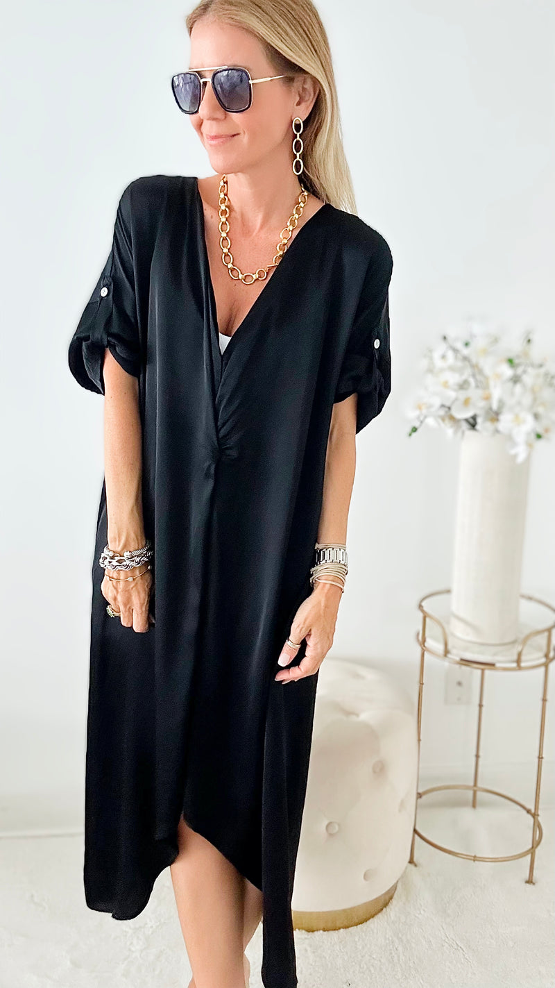 High-Low V-Neck Italian Dress - Black-200 dresses/jumpsuits/rompers-Germany-Coastal Bloom Boutique, find the trendiest versions of the popular styles and looks Located in Indialantic, FL