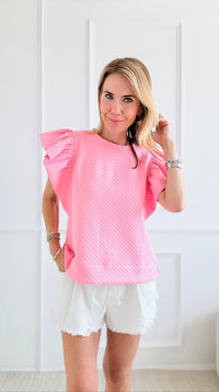 Sweet & Chic Ruffle Sleeve Quilted Top - Flamingo-110 Short Sleeve Tops-Jodifl-Coastal Bloom Boutique, find the trendiest versions of the popular styles and looks Located in Indialantic, FL