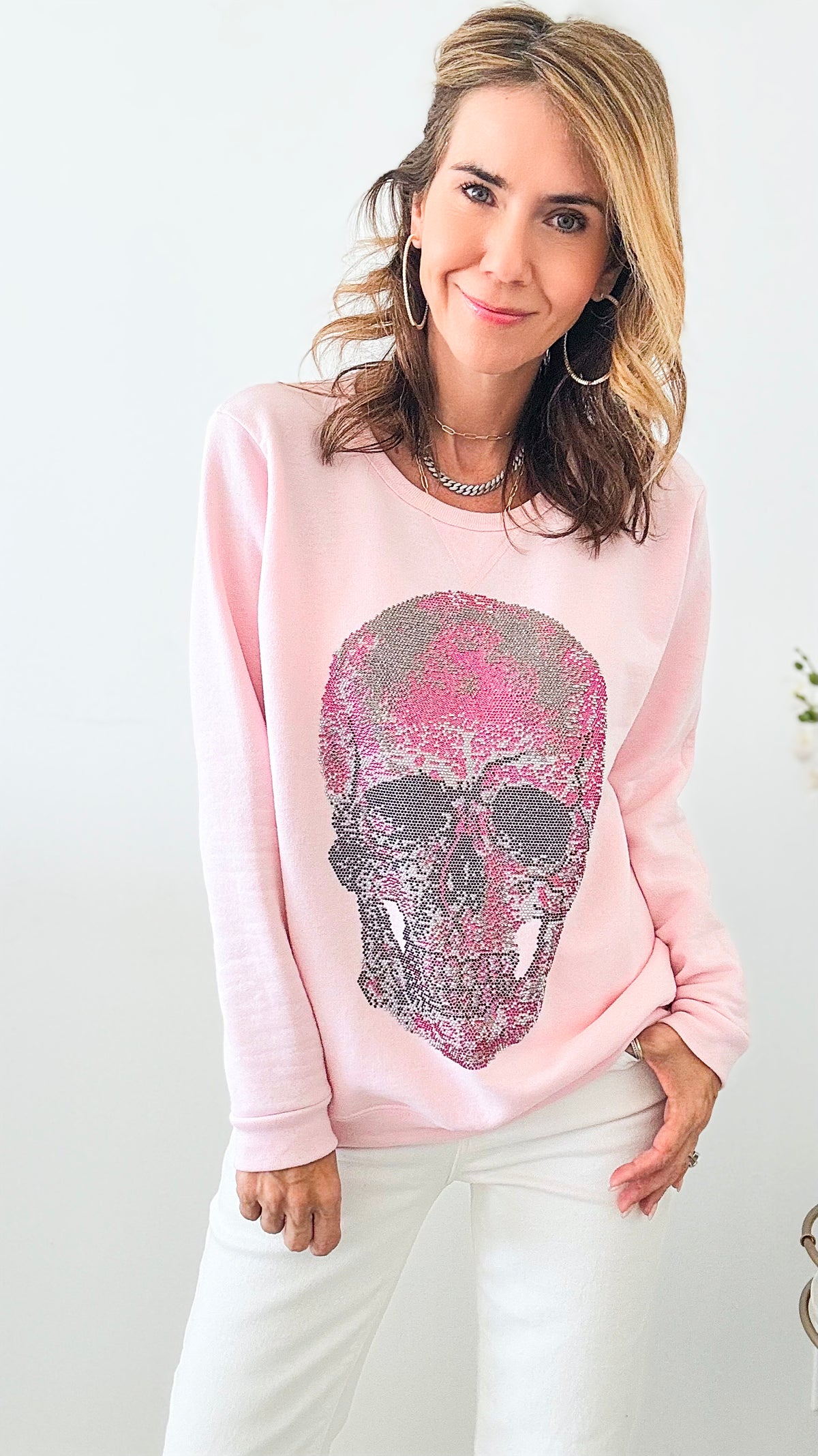 CUSTOM Pink Skull Classic Sweatshirt-130 Long Sleeve Tops-CB-Coastal Bloom Boutique, find the trendiest versions of the popular styles and looks Located in Indialantic, FL