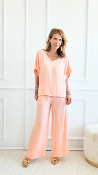 Elastic Waist Italian Palazzo - Salmon-pants-Venti6 Outlet-Coastal Bloom Boutique, find the trendiest versions of the popular styles and looks Located in Indialantic, FL